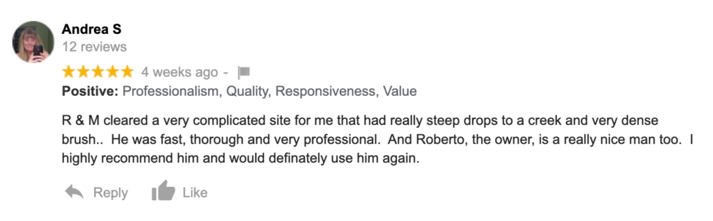 image of 5 star review for R&M land clearing and excavation services in austin and south texas Best tree Removal